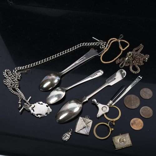 1215 - A graduated curb link silver Albert chain, another plated example, silver plated teaspoons etc