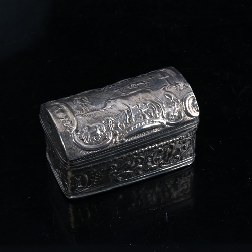 1251 - A small Dutch silver casket snuffbox, circa 1900, relief embossed decoration with gilt interior, wid... 