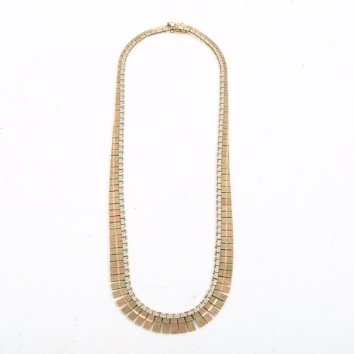 1260 - A Vintage 9ct 3-colour gold graduated brick link fringe necklace, textured settings, necklace length... 