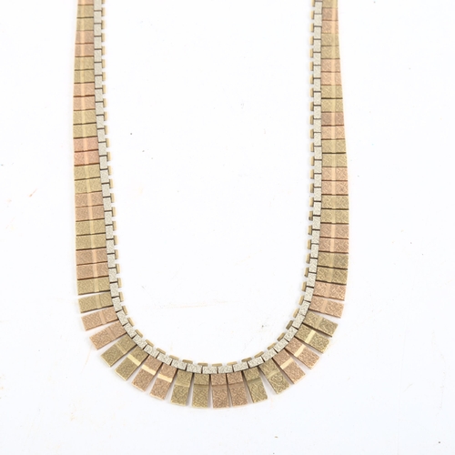 1260 - A Vintage 9ct 3-colour gold graduated brick link fringe necklace, textured settings, necklace length... 