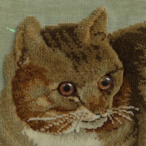 1319 - An embroidered stumpwork panel, cat on stool, framed, overall 60cm x 70cm