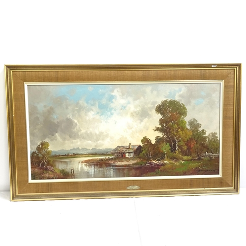 1354 - An oil on canvas, panoramic river view, gilt-framed, and an oil on canvas, a park view with waterfal... 