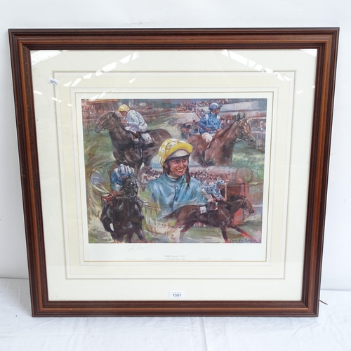 1381 - Claire Eva Burton, coloured print, Willie Carson OBE and his 4 Derby winners, framed, overall 71cm x... 