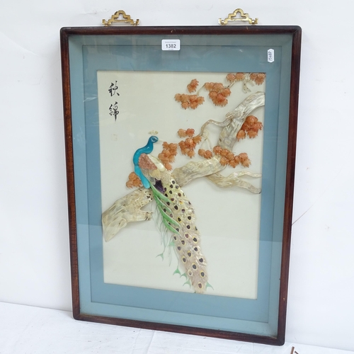 1382 - An Oriental hardstone study of a peacock on a branch, framed, overall 68cm x 50cm