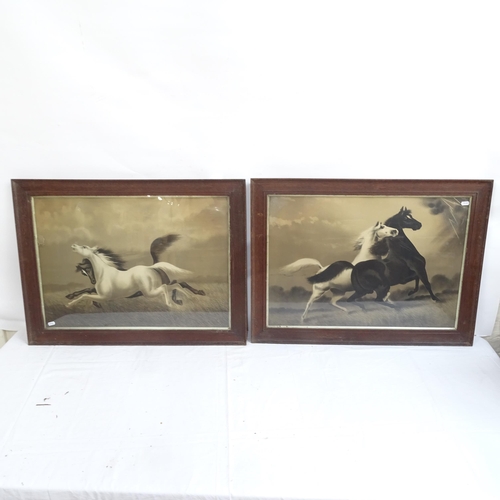 1392 - A pair of monochrome pictures, horse studies, oak-framed, overall 62cm x 82cm