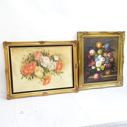 1394 - 2 modern oils on canvas, still life flowers, both signed, framed, portrait overall 74cm x 65cm