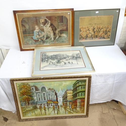 1395 - A Victorian Pears print, oil on canvas, street scene, and 2 others, all framed (4)