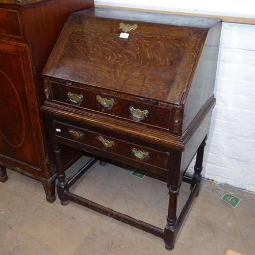 2020 - An 18th century oak bureau on drawer-fitted stand, W71cm, H100cm, D48cm