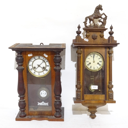 910 - A mahogany-cased wall clock with 2-train movement, surmounted by a horse figure, height 65cm overall... 