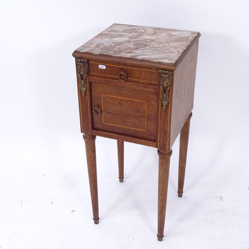 2023 - A French walnut and satinwood-banded marble-top pot cupboard, with single drawer, marble lined cupbo... 