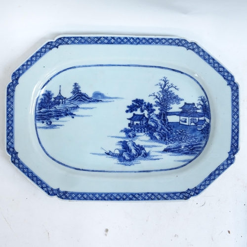 188 - A quantity of Chinese blue and white dinner and serving plates, largest length 36cm (7)