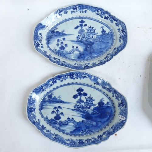 188 - A quantity of Chinese blue and white dinner and serving plates, largest length 36cm (7)