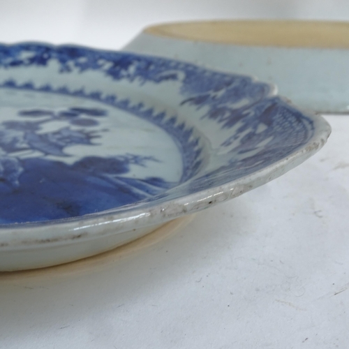 188 - A quantity of Chinese blue and white dinner and serving plates, largest length 36cm (7)