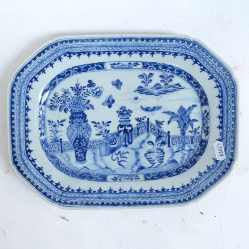 188 - A quantity of Chinese blue and white dinner and serving plates, largest length 36cm (7)