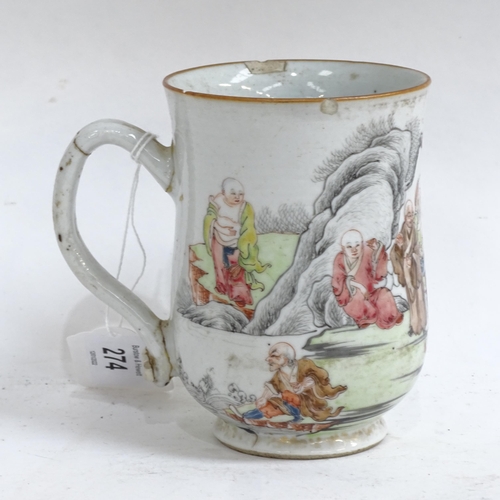 274 - A Chinese famille rose hand painted and enamelled porcelain 'nine sages' mug, height 11cm, restored