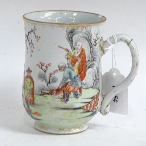 274 - A Chinese famille rose hand painted and enamelled porcelain 'nine sages' mug, height 11cm, restored