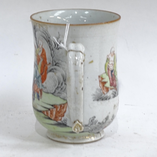 274 - A Chinese famille rose hand painted and enamelled porcelain 'nine sages' mug, height 11cm, restored