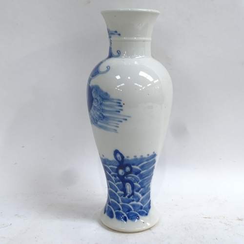 360 - A Chinese blue and white 'Temple' baluster vase, 4 character mark on base, height 29cm