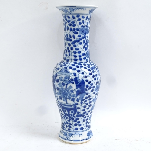 364 - A Chinese blue and white beaker vase, figural and floral decoration with jars, height 31cm