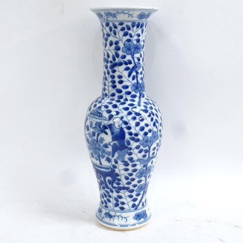 364 - A Chinese blue and white beaker vase, figural and floral decoration with jars, height 31cm