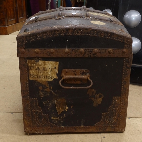 2354 - A small 19th century dome-top slat and steel-bound trunk, W47cm, H37cm, D34cm