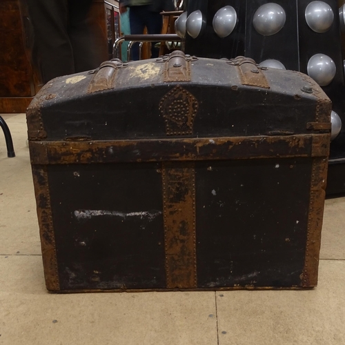 2354 - A small 19th century dome-top slat and steel-bound trunk, W47cm, H37cm, D34cm