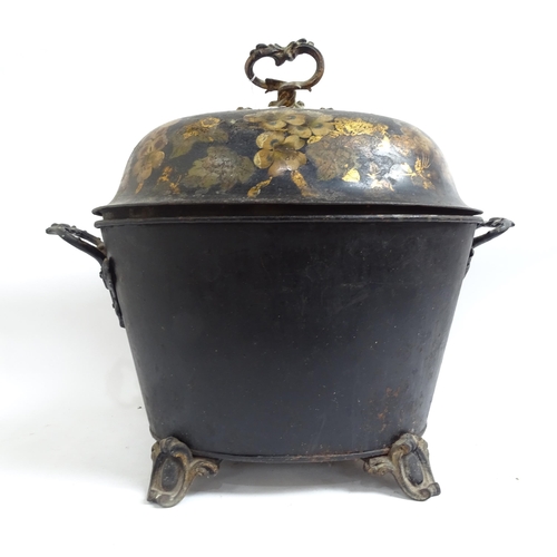 592 - A large 19th century hand painted and gilded Toleware coal bucket and cover, height 50cm