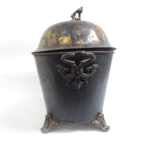 592 - A large 19th century hand painted and gilded Toleware coal bucket and cover, height 50cm