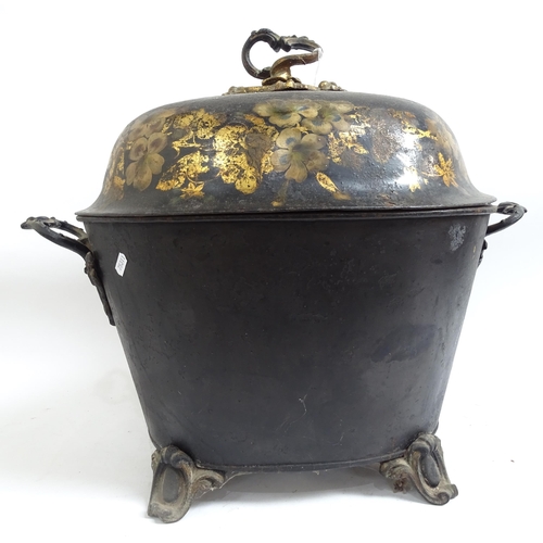 592 - A large 19th century hand painted and gilded Toleware coal bucket and cover, height 50cm