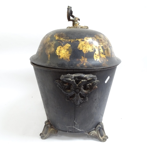 592 - A large 19th century hand painted and gilded Toleware coal bucket and cover, height 50cm