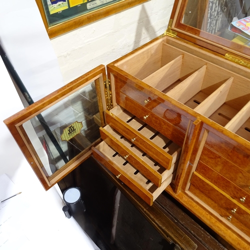 119 - A large Trinidad burr-walnut table-top cigar humidor cabinet, W66cm, H38cm, D30cm