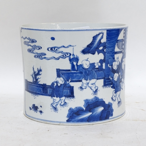 377 - A Chinese blue and white 'Five Boys' jardiniere, cylindrical form with hand painted decoration and l... 