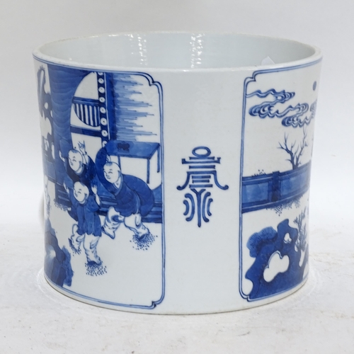 377 - A Chinese blue and white 'Five Boys' jardiniere, cylindrical form with hand painted decoration and l... 