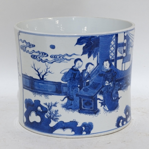 377 - A Chinese blue and white 'Five Boys' jardiniere, cylindrical form with hand painted decoration and l... 