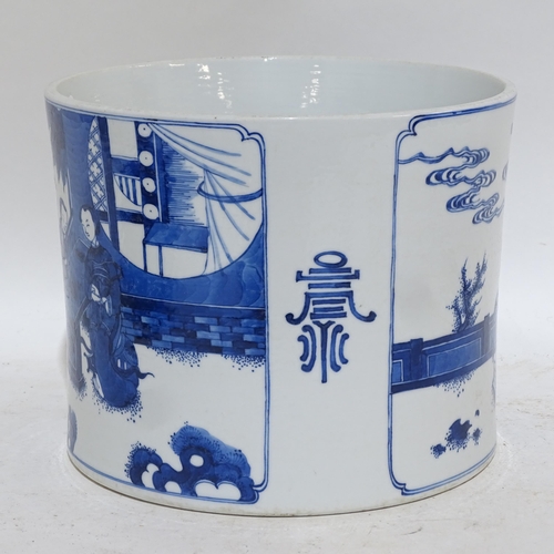 377 - A Chinese blue and white 'Five Boys' jardiniere, cylindrical form with hand painted decoration and l... 