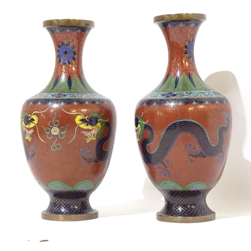 649 - A pair of cloisonne vases with dragon decoration, 23cm