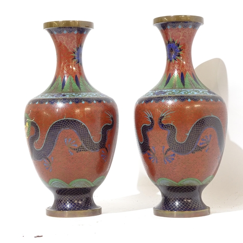 649 - A pair of cloisonne vases with dragon decoration, 23cm