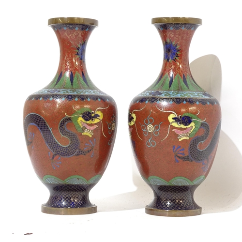 649 - A pair of cloisonne vases with dragon decoration, 23cm