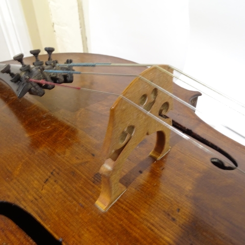 923 - A Vintage cello, back length 75cm, with carrying case, bows and music stand