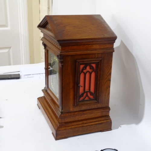 350 - An early 20th century German oak architectural 8-day chiming bracket clock, brass dial with silvered... 