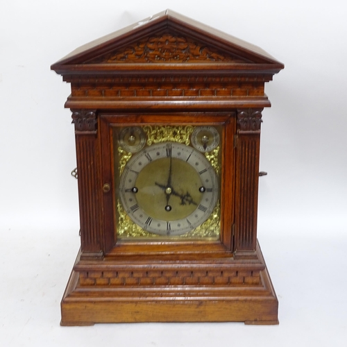 350 - An early 20th century German oak architectural 8-day chiming bracket clock, brass dial with silvered... 