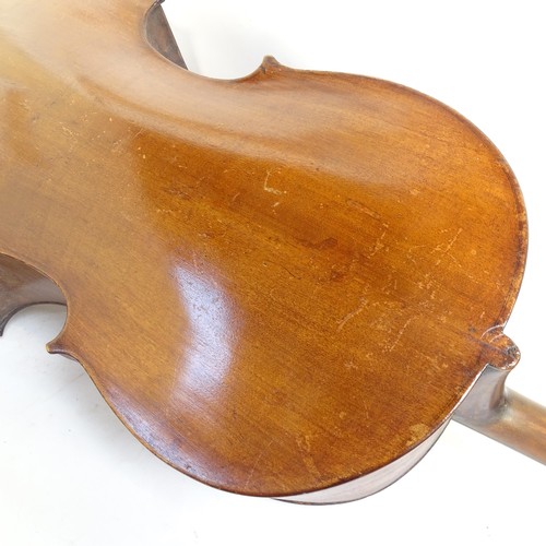 923 - A Vintage cello, back length 75cm, with carrying case, bows and music stand