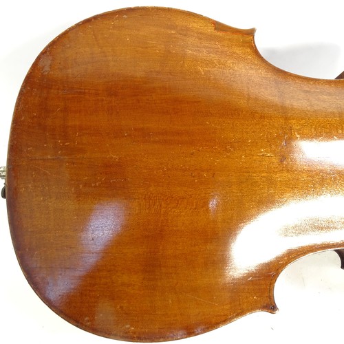 923 - A Vintage cello, back length 75cm, with carrying case, bows and music stand