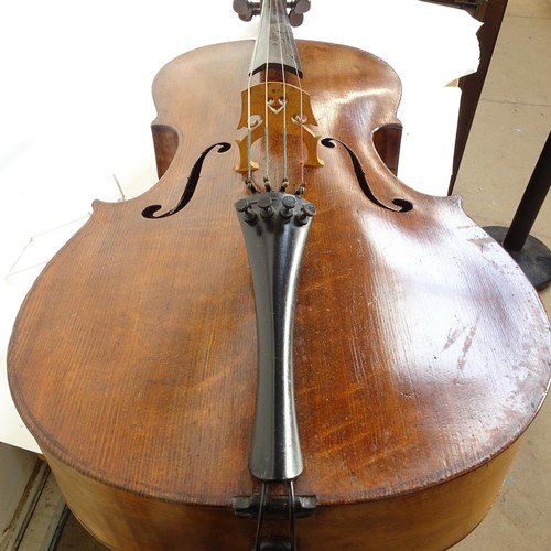 923 - A Vintage cello, back length 75cm, with carrying case, bows and music stand