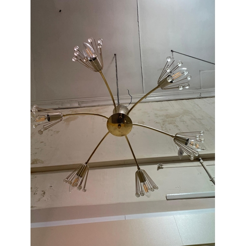 1566 - A mid-century 6-branch brass and cream painted metal ceiling-mounted light fitting, in the manner of... 