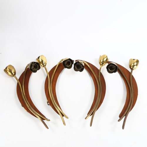 1612 - Two pairs of mid-century teak and brass wall sconces in the manner of OSCAR TORLASCO.