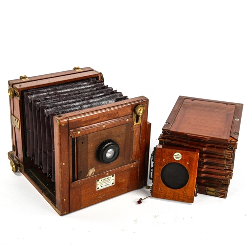 1018 - A 19th century mahogany Meagher whole plate Tailboard camera, with Anastigmat wide angle lens, 6 dou... 