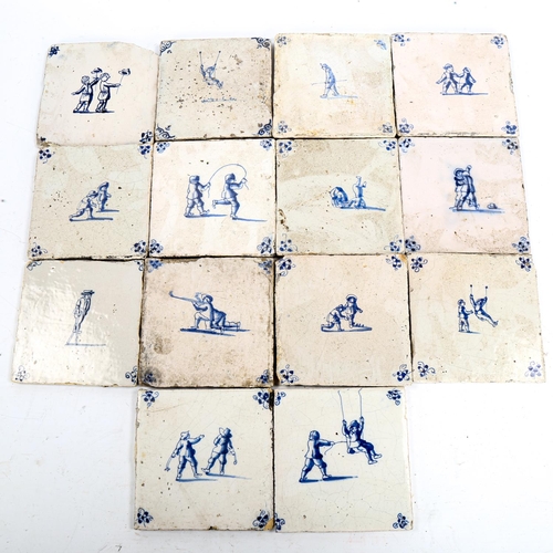 1029 - 14 Dutch Delft blue and white tiles, late 18th/early 19th century, comprising figures participating ... 