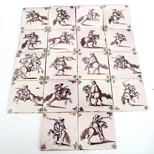 1030 - 18 Dutch Delft manganese and white pottery tiles, depicting figures and riflemen on horseback, 13cm ... 