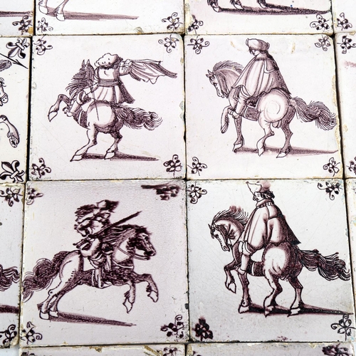 1030 - 18 Dutch Delft manganese and white pottery tiles, depicting figures and riflemen on horseback, 13cm ... 